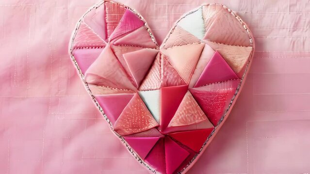 Handmade quilt heart on pink fabric background. Valentine's day concept.