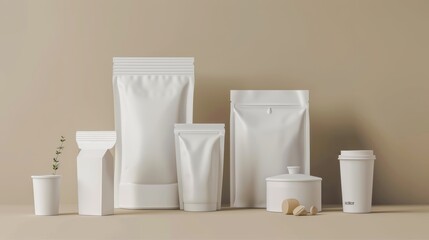 a collection of empty various white food packages on a beige background