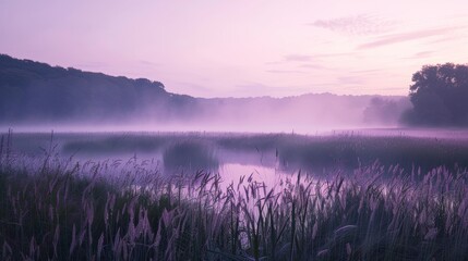 Light lavender mist enveloping a tranquil landscape  AI generated illustration - obrazy, fototapety, plakaty