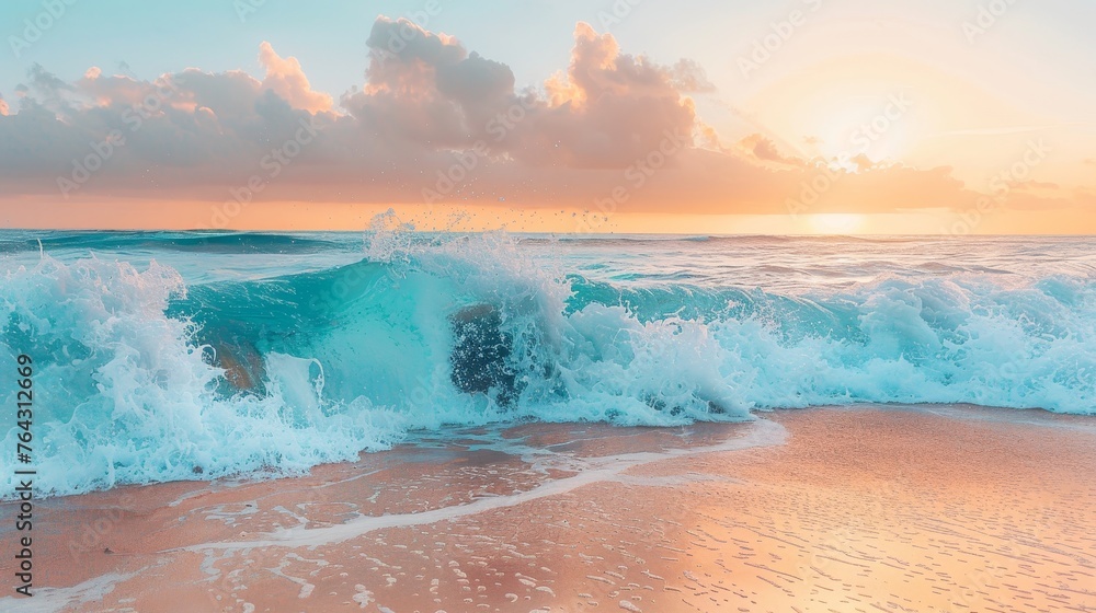 Poster soft turquoise waves crashing against a warm inviting scene ai generated illustration