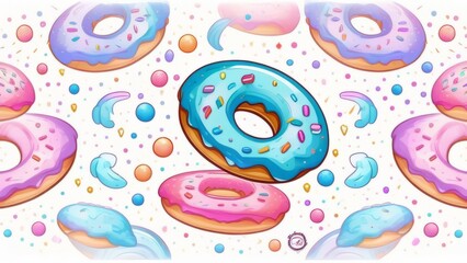 Naklejka premium Variety of vibrant glazed donuts displayed on soft pink background, enticing with their colorful toppings, delicious allure. For cafe, pastry shop website, dessert advertisements, restaurant menu.