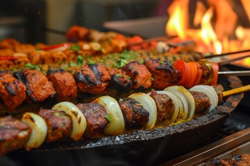 A detailed view of a grill showcasing a variety of skewers filled with delicious food cooking over an open flame, Sizzling hot tandoor with various kebabs lined skewers, AI Generated