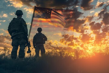 American Soldiers Standing Next to an American Flag, Silhouettes of soldiers against a sunset sky with an American flag overlay for Memorial Day, AI Generated - obrazy, fototapety, plakaty