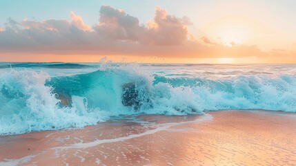 Fototapeta premium Soft turquoise waves crashing against a warm inviting scene AI generated illustration