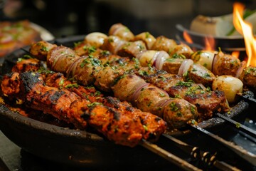 A detailed view of a grill displaying a variety of food being cooked over an open flame, Sizzling hot tandoor with various kebabs lined skewers, AI Generated