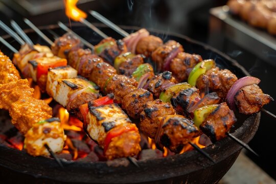 A close up photograph showcasing a grill filled with assorted skewers of food being cooked, Sizzling hot tandoor with various kebabs lined skewers, AI Generated