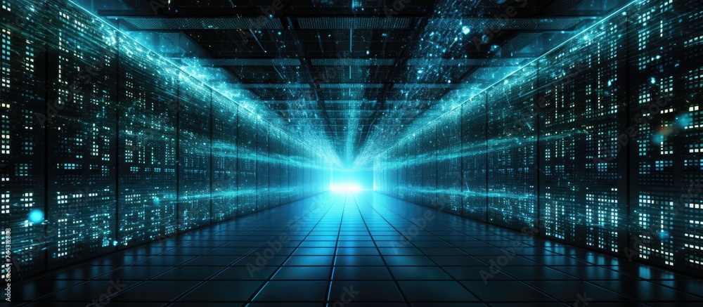 Aufkleber illustration of a dark room containing numerous rows of computer servers, with a luminous beam emana