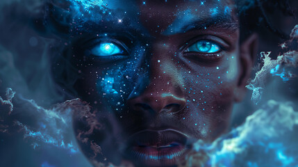  closeup of  handsome black man with blue eyes, glowing light from within his skin and hair made up of stars and galaxies, fantasy photography, magical realism, ethereal glow