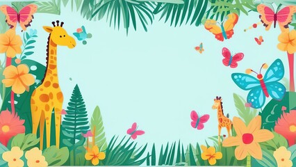 Watercolor frame with tropical leaves and animals. Giraffe, birds, butterflies, tropical flowers. Background with place for text. Floral frame for the design of invitations, cards.