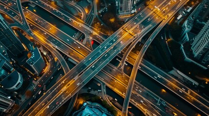 An aerial drone view of elevated roads and traffic junctions, illustrating urban planning and traffic management in modern cities - obrazy, fototapety, plakaty
