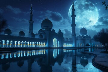 A photo capturing a nighttime view of a mosque with a full moon shining in the background, Soothing nighttime scene of a mosque under moonlight, AI Generated