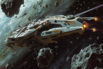 A space ship soars through the sky above a rugged mountain range, showcasing the intersection of nature and technology, Space pirates looting a derelict spaceship in an asteroid field, AI Generated - obrazy, fototapety, plakaty