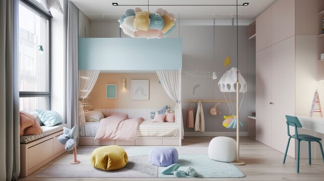 Playful pastel colors in a funny kids room  AI generated illustration