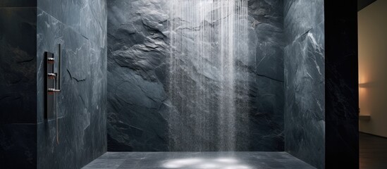 A focused view of a shower head with water gushing out in a waterfall-like manner