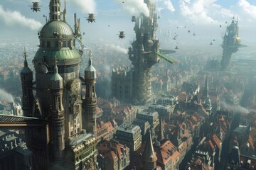 This photo captures the bustling atmosphere of a large city, showcasing a multitude of towering buildings, Steampunk-inspired city with intricate towers and flying machines, AI Generated - obrazy, fototapety, plakaty