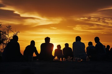Fototapeta na wymiar A group of individuals sitting together on the grassy field, Sunset silhouette of friends at an iftar, AI Generated