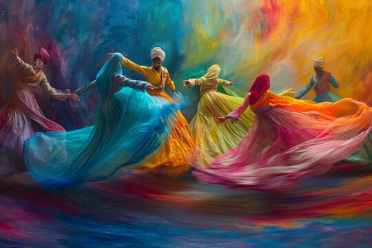 A lively group of women wearing vibrant dresses dance together in synchrony, showcasing their joyful and energetic movements, Sufi dancers in a whirl of vibrant colors, AI Generated