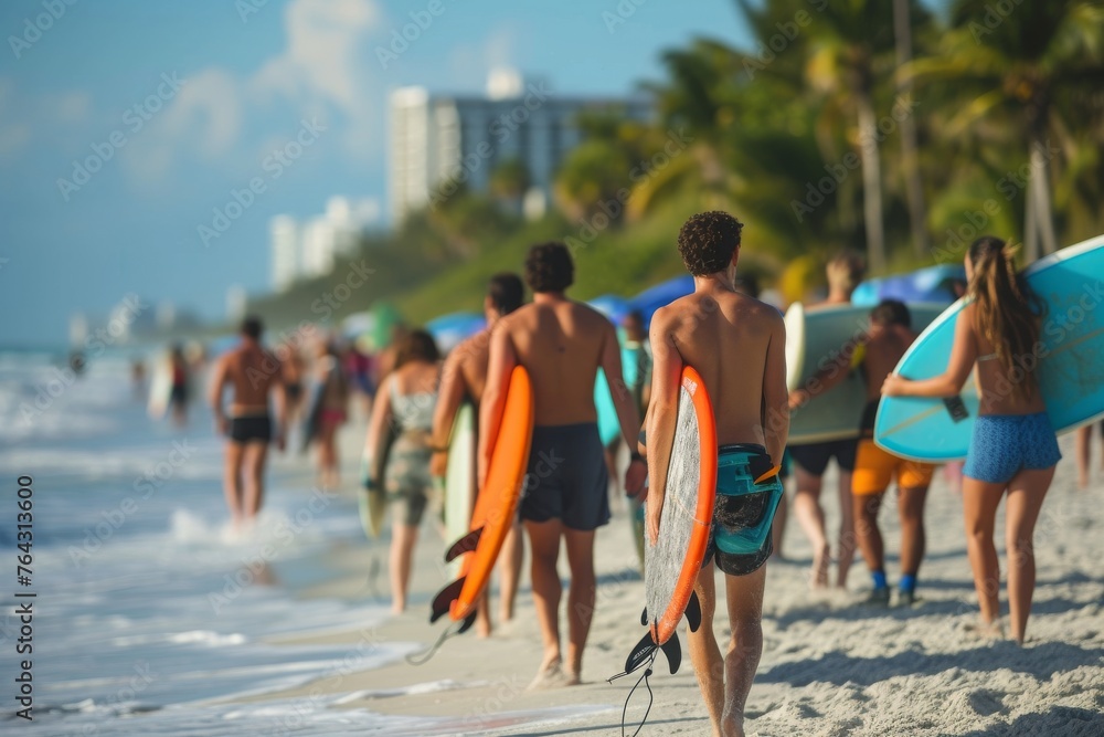 Sticker a group of individuals, carrying surfboards, walks along the sandy beach, enjoying the coastal scene