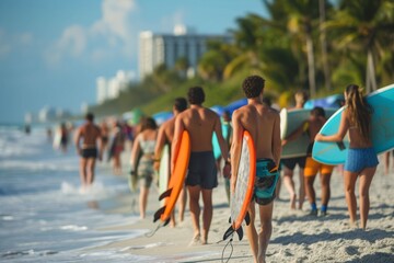 A group of individuals, carrying surfboards, walks along the sandy beach, enjoying the coastal...
