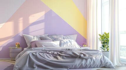 Soft pastel yellow and lavender tones in a whimsical geometric design for a bedroom  AI generated illustration