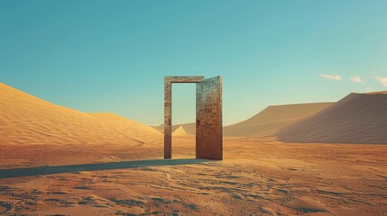 Opened door on desert, minimalist background, copy and text space, 16:9