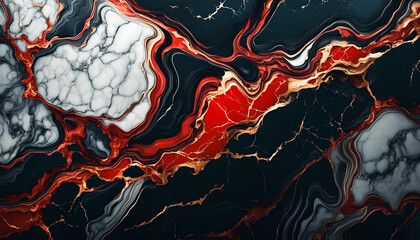 Black, red and white marble abstract background with gold splashes