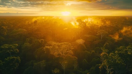 Fototapeta na wymiar Beautiful green amazon forest landscape at sunset sunrise, bird perspective, copy and text space, 16:9