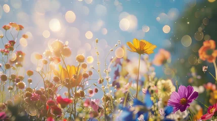 Foto auf Alu-Dibond Colorful flower meadow, sunbeams, blue sky and bokeh lights in summer, blurry background, copy and text space, 16:9 © Christian