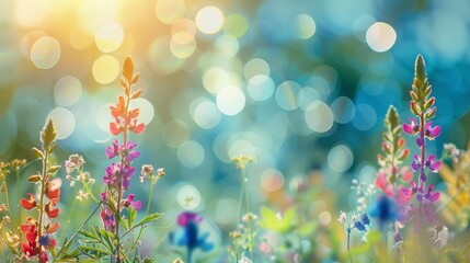 Colorful flower meadow, sunbeams, blue sky and bokeh lights in summer, blurry background, copy and text space, 16:9