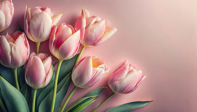 Spring Flowers Bouquet Photo: Pink Tulips on Pastel Pink Background. Valentine's Day, Easter, Birthday, Mother's Day, Women's Day. Flat Lay, Top View, Copy Space