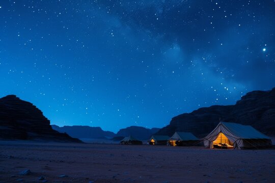A tent standing in the middle of a desert, illuminated by the darkness of the night, Sweeping desert landscape dotted with nomadic tents under the night sky, AI Generated