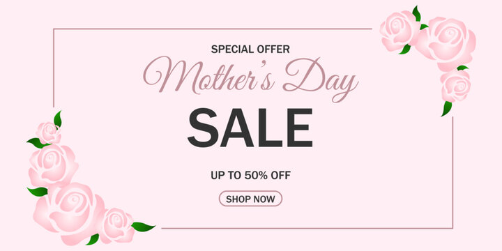 Advertising banner for Mother's Day with beautiful pink roses on pink background.Happy Mother's Day.Vector illustration.
