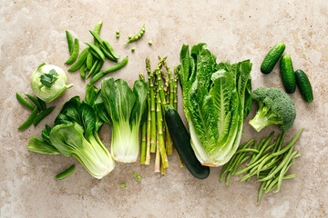 Green vegetable background. Various green vegetables. Veggies. Clean eating, healthy vegetarian, vegan food concept, copy space, top view - 764314203