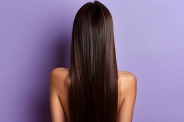 Naklejka premium Portrait of a Woman with Straight Long Brunette Hair on a Purple Background. Concept Hair Photography, Portrait Poses, Purple Backdrop, Brunette Model, Long Straight Hair