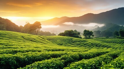 Tea forest at highland with beautiful morning sunrise. Green tea plantation landscape. - obrazy, fototapety, plakaty