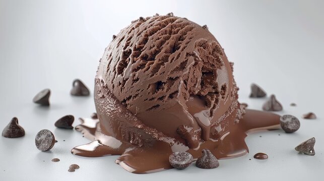 a scoop of chocolate ice cream is drizzled with chocolate chips on the side of the ice cream.