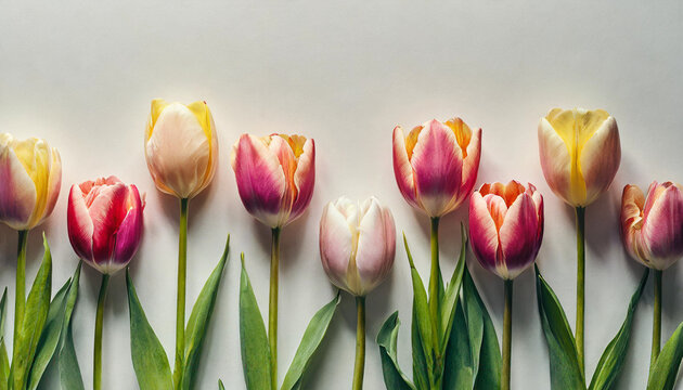 Spring Flowers in a Row: Pink and Yellow Tulips on Transparent Background. Valentine's Day, Easter, Birthday, Mother's Day, Women's Day. Flat Lay, Top View, PNG, Isolated