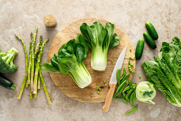 Green vegetable background. Various green vegetables. Veggies. Clean eating, healthy vegetarian,...