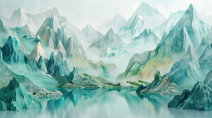 Mountain Peaks Nestled in a Serene Pastel Watercolor Landscape with a Tranquil Lake Reflecting the Surrounding Scenery - obrazy, fototapety, plakaty