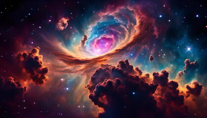 Cosmic clouds and stars, pink galaxy, fantasy space background