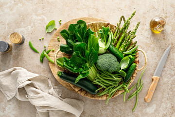 Green vegetable background. Various green vegetables. Veggies. Clean eating, healthy vegetarian, vegan food concept, copy space, top view - 764315030