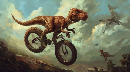 A dinosaur trying to ride a unicycle AI generated illustration