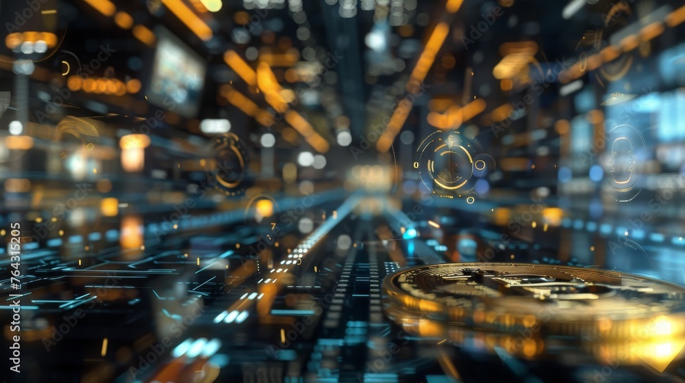 Poster a futuristic marketplace where digital currencies and blockchain transactions are the norm ai genera