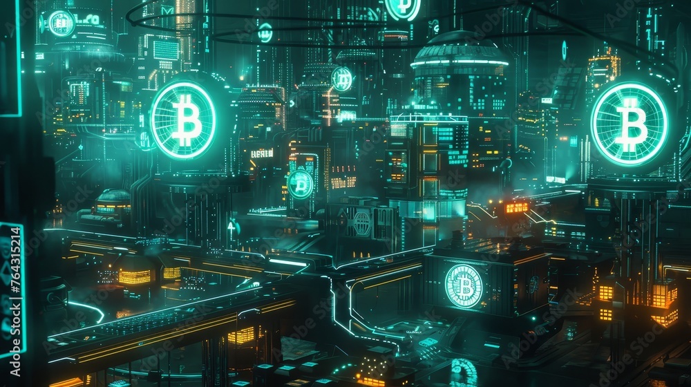 Poster a futuristic marketplace where digital currencies and blockchain transactions are the norm ai genera