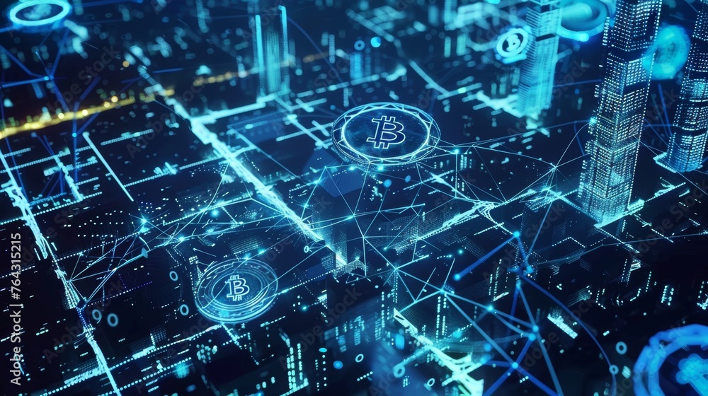 Poster a futuristic marketplace where digital currencies and blockchain transactions are the norm ai genera