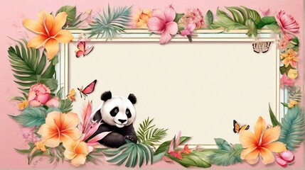 Watercolor frame with tropical leaves and animals. Panda, birds, butterflies, tropical flowers....