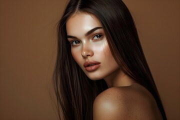 Fototapeta premium Portrait of a Woman with Brunette Long Straight Hair on a Brown Background. Concept Brunette Hair, Portrait Photography, Brown Background, Long Hair, Woman Portrait
