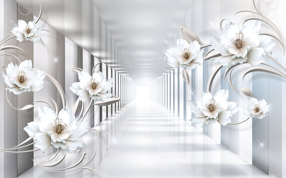 3D picture of white flowers against the background of a tunnel perspective