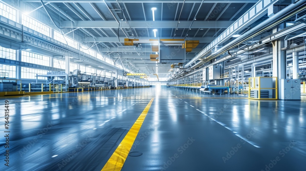 Poster a modern factory floor implementing industry technologies for efficient production and quality contr