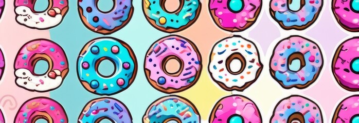 Variety of vibrant glazed donuts displayed on soft pink background, enticing with their colorful toppings, delicious allure. For cafe, pastry shop website, dessert advertisements, restaurant menu.